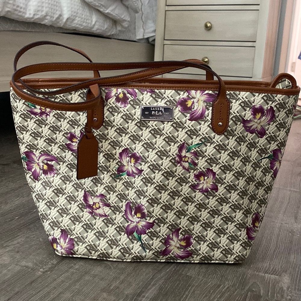 RALPH LAUREN LEATHER PRINTED TOTE BAG